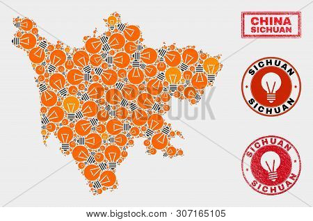 Power Bulb Mosaic Sichuan Province Map And Grunge Rounded Watermarks. Mosaic Vector Sichuan Province