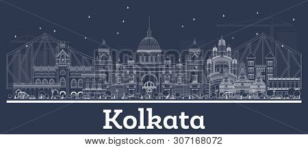 Outline Kolkata India City Skyline with White Buildings. Business Travel and Concept with Historic Architecture. Kolkata Cityscape with Landmarks.