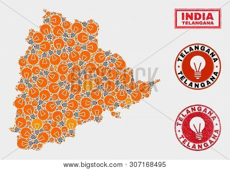 Energy Lamp Mosaic Telangana State Map And Rubber Rounded Stamps. Mosaic Vector Telangana State Map 