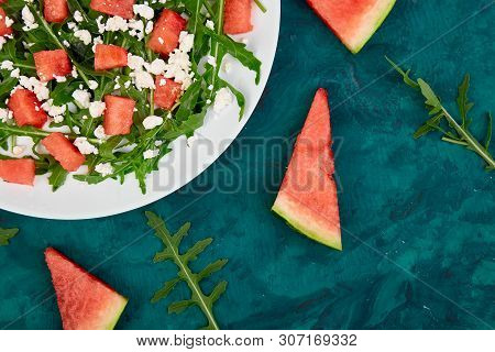 Fresh Summer Watermelon Salad With Feta Cheese And Arugula