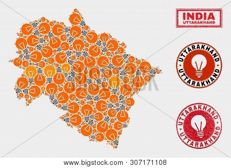 Energy Lamp Mosaic Uttarakhand State Map And Grunge Rounded Seals. Mosaic Vector Uttarakhand State M