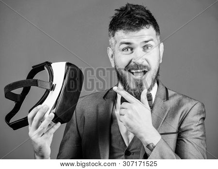 Business Implement Modern Technology. Business Man Virtual Reality. Modern Gadget. Innovation And Te