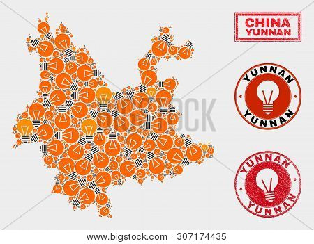 Electric Lamp Mosaic Yunnan Province Map And Grunge Round Seals. Mosaic Vector Yunnan Province Map I