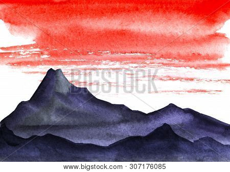 Minimalistic Landscape. Dark Silhouette Of High Mountains. Bright Red Sky With Heavy Stratus Clouds.