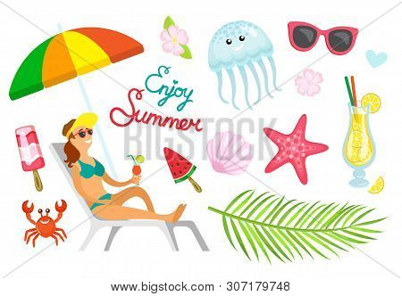 Enjoy Summer Person Relaxing With Cocktail Vector. Palm Tree Branch With Leaves, Beverage In Cup, Cr
