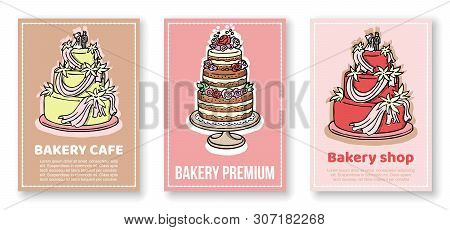 Coffee Shop Or Bakery House Visit Cards Set With Baked Cake, Cupcake, Topper And Lettering Text. Vec
