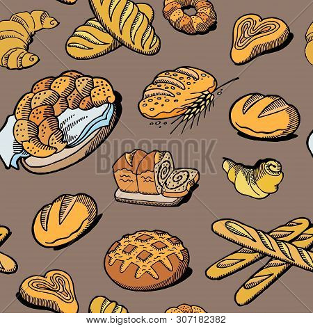 Bread Seamless Pattern. Vector Drawing. Bakery Product Colored Sketch Background. Vintage Food Illus