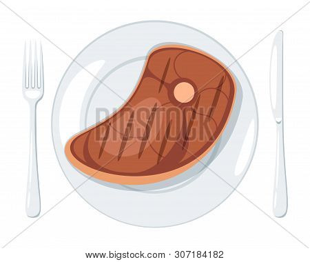 Fried Steak In Plate Vector Illustration. High Calorie Animal Product. Crispy Roasted Pork, Beef Iso