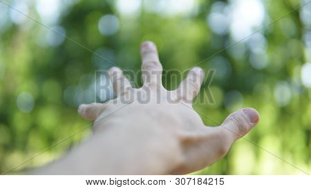 Male Hand Gesture Closeup Isolated On A Green Forect Blur Background