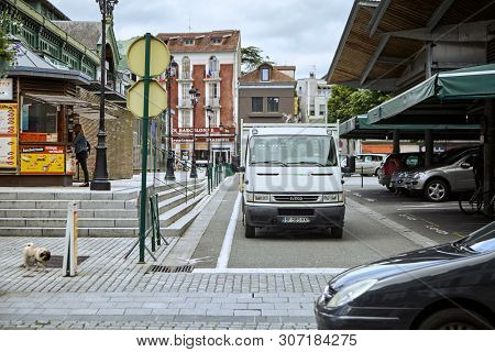 Lourdes, France - June 18, 2018: Place Du Champ Commun. Small Lorry Near The Food Market