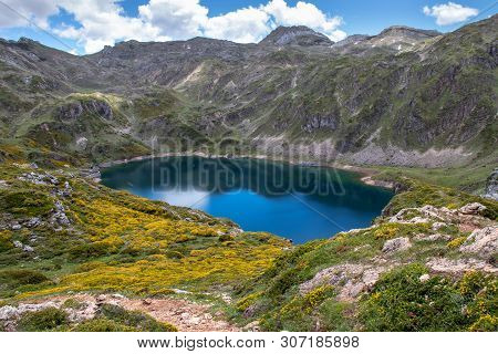 Calabazosa Or Black Glacial Lake In The Somiedo National Park, Spain, Asturias. Saliencia Mountain L