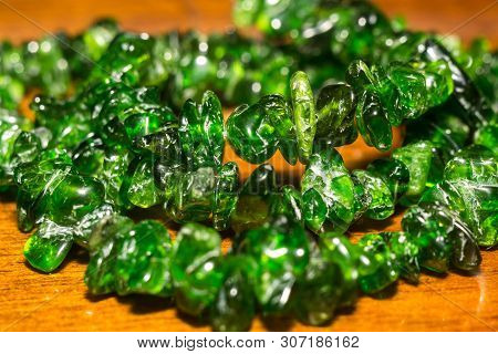 Dark Green Chrome Diopside Gravel, Natural Stone Close Up.