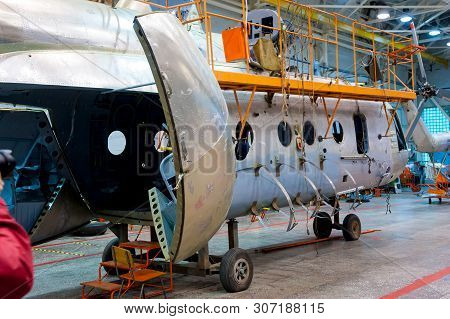 Tyumen, Russia - June 5, 2019: Aircraft Repair Helicopter Utair Engineering Plant. Mi-8 Helicopter D
