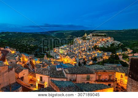 View Of The Old Town Of Ragusa Ibla At Night, Sicily, Italy