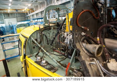 Tyumen, Russia - June 5, 2019: Aircraft Repair Helicopter Utair Engineering Plant. Eurocopter Helico