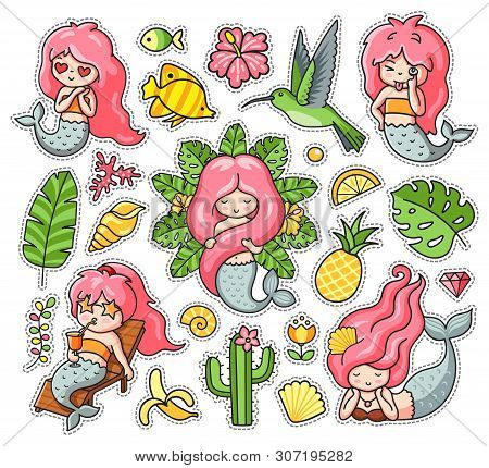 Little Funny Mermaids, Hummingbird, Fish, Tropical Leaves, Fruits And Sea Shell. Set Of Summer Carto