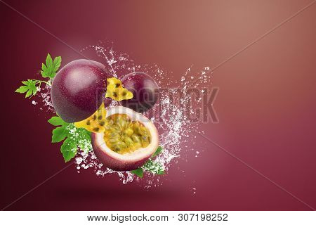 Water Splashing On Fresh Passionfruit On Red Background.