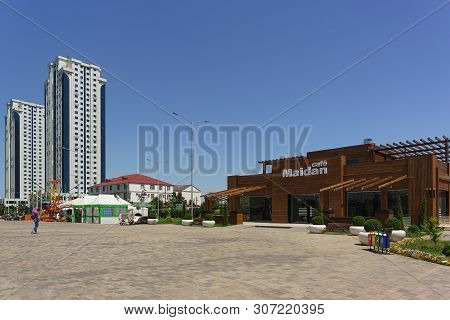 Beautiful Cafe Maidan In Front Of The Complex Of Tall Buildings Grozny City In The City Center