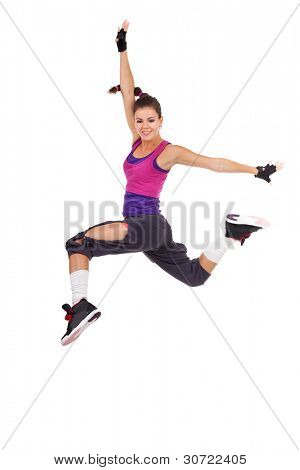 ballerino di donna moderna stile facendo un salto di danza muoversi sullo sfondo studio