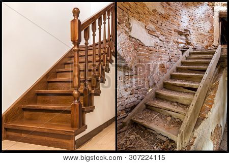 Comparison Of Modern Brown Wooden Oak Staircase With Carved Railing In New Renovated Apartment Inter