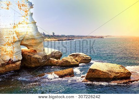 Mediterranean Coast With Rosh A Nikra, Israel