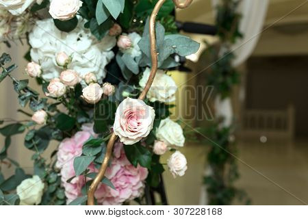 Beautiful Wedding Huppah Decorated With Fresh Fresh Flowers From Hydrangea And Eucalyptus Sheets In 