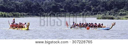 Arlington,texas - June 15,2019 - Dragon Boat Race At Lake Viridian. Showing Two Of The Dragon Boats 
