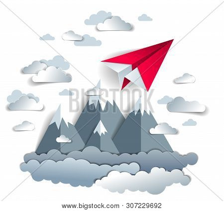 Origami Paper Plane Toy Flying In The Sky Over Mountain Peaks, Perfect Vector Illustration Of Scenic