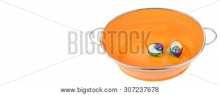 Basin For Different Purposes And Washing Gel Capsule Isolated On White Background. Wide Photo. Free 