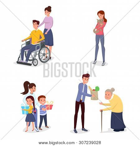 Cheerful Volunteers Flat Vector Characters Set. Female Caregiver Helping Disabled Individuals, Child