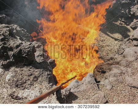Timanfaya Volcano Ground Heat Causing Hot Burning Fire Of Hay Bale In Timanfaya National Park In Lan