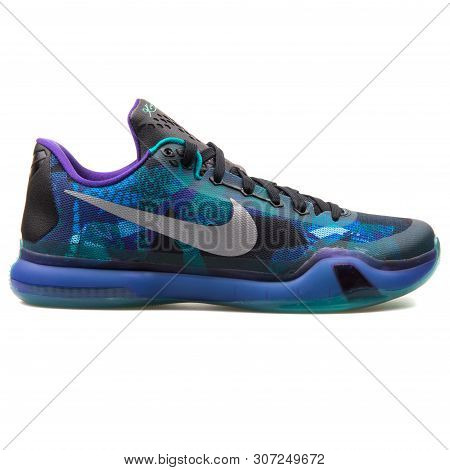 Vienna, Austria - August 25, 2017: Nike Kobe X Black, Blue And Green Sneaker On White Background.