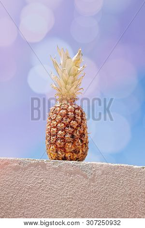 Funny Ripe Pineapple Against Blue Sky In Sun Ligjt With Colored Bokeh. Summer Holiday Concept, Low A