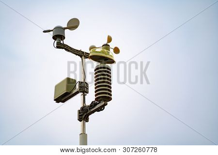 Meterological Weather Station Wind Meter Anemometer On Sky Background