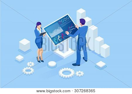 Isometric Male In Front Of The Big Screen For Data Analysis. Statistics And Business Statement, Anal