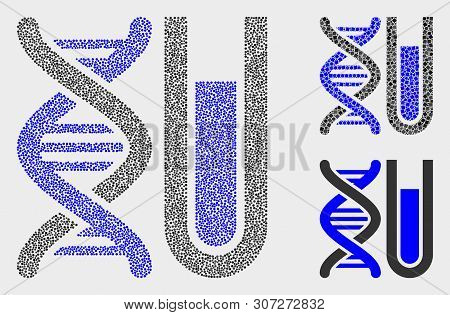 Pixel And Mosaic Dna Testtube Icons. Vector Icon Of Dna Testtube Constructed Of Randomized Circle El