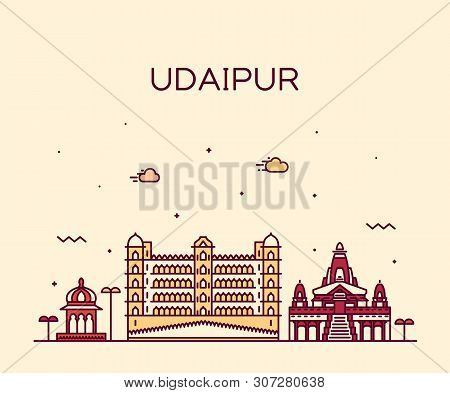 Udaipur Skyline Rajasthan India Vector Line Style