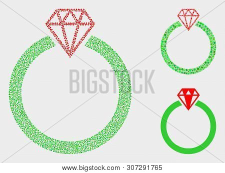 Dot And Mosaic Jewelry Ring Icons. Vector Icon Of Jewelry Ring Constructed Of Irregular Round Items.