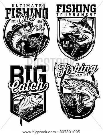 Set Of Fishing Emblems In Black And White