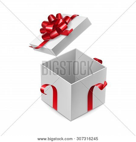 Opened Cardboard Square Box With Glossy Red Ribbon. Festive Present Box For Delivery Service With Si
