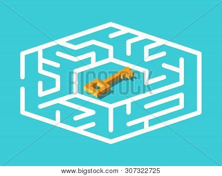 Isometric Maze With Gold Key Inside, In Centre Of It, On Turquoise Blue. Solution, Problem, Challeng