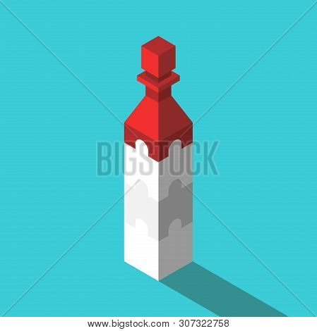 Red Isometric Chess Pawn On Top Of Cubes Connected With Jigsaw Puzzle Lock. Management, Leadership, 