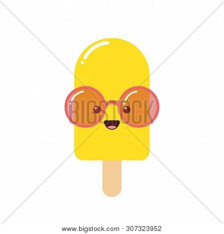 Cute Cartoon Ice Cream With Sun Glasses. Vector Illustration