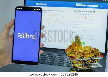 Chiang Mai,thailand - June 20,2019: Libra Facebook Cryptocurrency And Bitcoin Cryptocurrency, Libra 