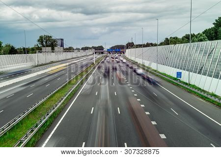 Traffic On The Highway, Ring East A10, Motion Blurred Traffic, 06/14/2019 Amsterdam The Netherlands