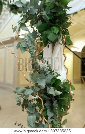 Beautiful Wedding Huppah Decorated With Fresh Fresh Flowers From Hydrangea And Eucalyptus Sheets In 