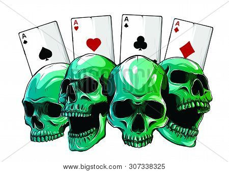Aces Of Poker And Roses With Skull, Grunge Vintage Vector