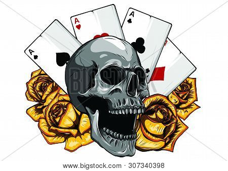 Aces Of Poker And Roses With Skull, Grunge Vintage Vector
