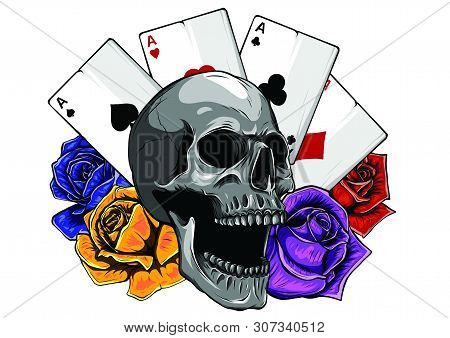 Aces Of Poker And Roses With Skull, Grunge Vintage Vector