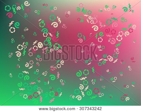 Horizontal Mesh Rose Emerald Background With Round, Twiddle, Spiraled Shape Confetti. Vector Illustr